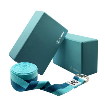Tumaz 月熊 EVA瑜珈磚繩組 50D硬度 環保材質 防滑減震  瑜珈磚22.5 x 14.5 x 7.5cm + 瑜珈繩300cm  土耳其藍  1組