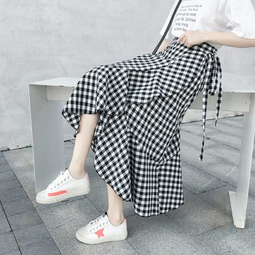 2022春夏季新款格子半身裙女a字一片式系帶裹裙不規則魚尾中長裙