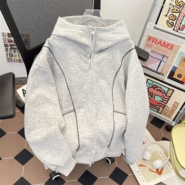 國潮小外套拉鍊大學T男秋冬新款設計感解構cleanfit上衣男