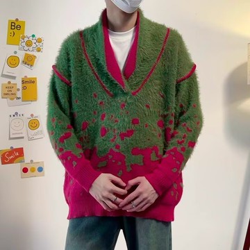 秋冬新款休閒寬鬆保暖上衣男V領撞色長袖毛衣男