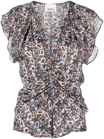 ISABEL MARANT - Lonea ruched abstract-print top - women - Viscose/Silk - 40 - Black