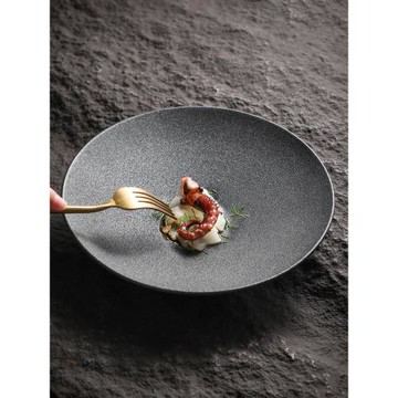 高級感磨砂黑色西餐盤子意面盤深盤裝菜盤沙拉盤面碗斗笠碗淺碗