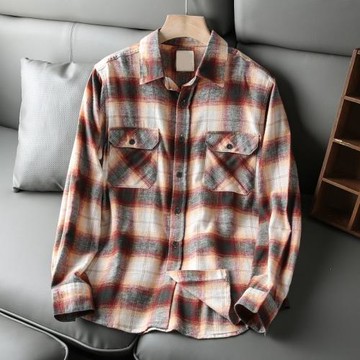 秋季新款  男士水洗磨毛格子襯衫日系簡約舒適休閑襯衣