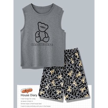 男士睡衣夏季無袖背心短褲純棉青少年大碼家居服卡通套裝夏天薄款