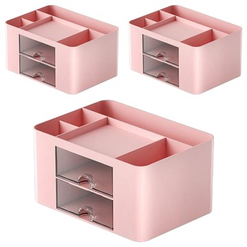 Mega 簡約雙抽屜桌面文具盒 19.5 x 14 x 10cm  粉色  3個