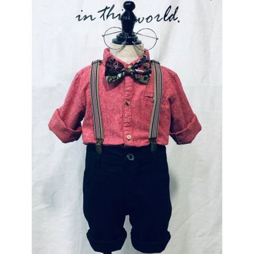 秋季洋氣男寶寶紅色周歲禮服套裝 長袖襯衫黑色背帶長褲演出服帥