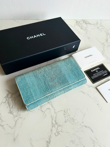 稀有中古Chanel Tweed淺牛仔藍皮夾 錢包 長夾 二手包 古董手提包