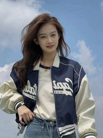 冬天外套  美式穿搭 時尚字母刺繡拼接 棒球服  女裝上衣 寬鬆立領夾克 外套 女