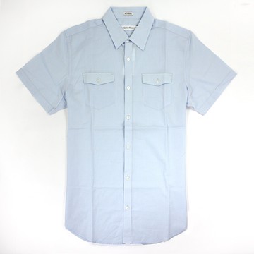 美國百分百【全新真品】Calvin Klein 襯衫 CK 男衣 短袖 水藍色 印花 休閒 襯衫 上衣 M號 E196
