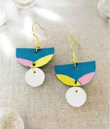 手工真皮耳環，藍色，金色，粉色，白色