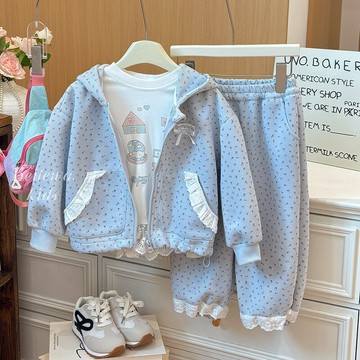 女童春秋新款兒童衛衣衛褲套裝兒童碎花運動套裝連帽衛衣長褲套裝(鑫弘-萌寶童裝)可開發票