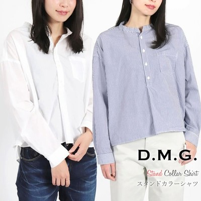 ノーカラーシャツ ドミンゴ DMG D.M.G コットンタイプライタースタンドカラーシャツ 白 ネイビー ストライプ 長袖 トップス プルオーバー レディース ノーカラーシャツ ドミンゴ DMG D.M.G コットンタイプライター