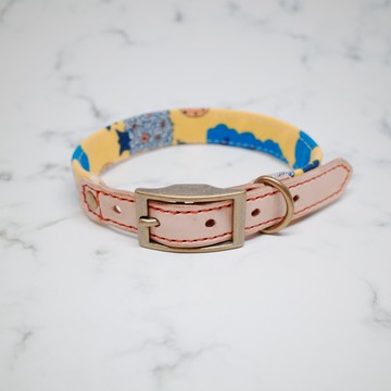 狗 M號 寬2公分 項圈(不含吊牌) 活潑 黃 樹木 森林 純棉 植鞣皮 牽繩 吊牌