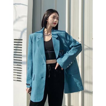 藍色西裝外套女春秋季復古港味寬松廓形小眾時尚休閑高級感西服