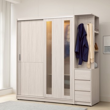 直人木業-SWEET極簡風白榆木151公分長虹玻璃滑門衣櫃搭配41公分掛衣三抽櫃