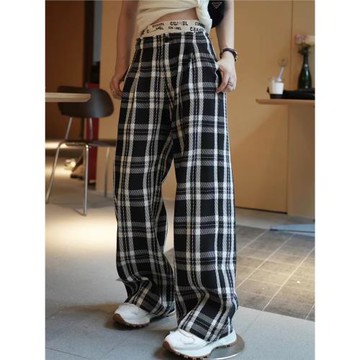歐貨春秋冬新款設計感高腰格子褲女加厚休閑褲顯瘦直筒闊腿長褲