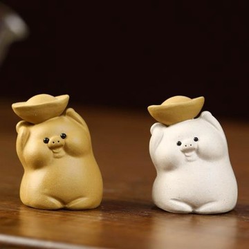 紫砂茶寵小豬小擺件手工十二生肖豬茶玩卡通呆萌可愛元寶豬茶具