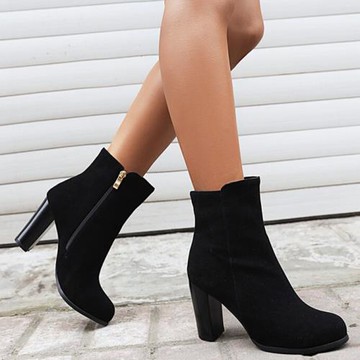 歐美時尚百搭高跟短靴子酒紅色磨砂皮粗跟馬丁靴大碼44 45 46 47