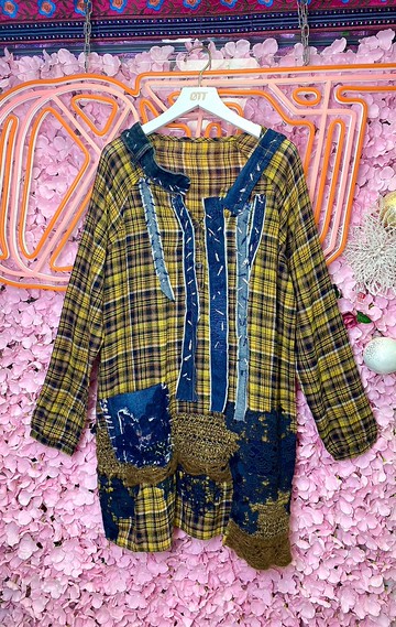 OTT獨一無二•Unique日系黃色格仔牛仔手鈎手編刺鏽連衣裙