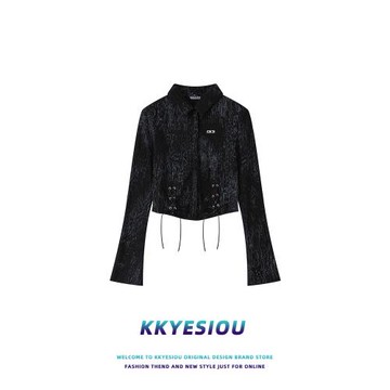 KKyesiou辣妹bm風系帶短款短袖襯衫女高腰街頭2024春新款長袖外套