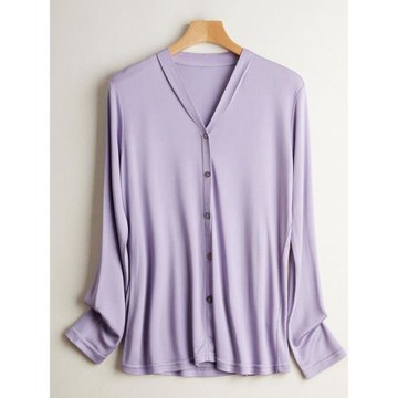 雙面針織桑蠶絲長袖打底衫黑色單排鈕扣外穿V領套頭衫真絲肌底衣