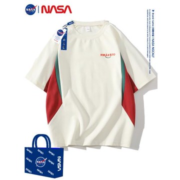 NASA聯名短袖T恤男個性拼接撞色初高中學生字母刺繡百搭休閑上衣