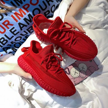 35-41碼飛織椰子鞋女輕便新款運動鞋網鞋透氣時尚紅色軟底黃色鞋