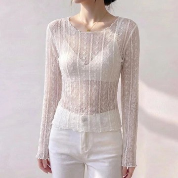 白色圓領長袖蕾絲打底衫女木耳邊內搭疊穿透視秋冬修身網紗薄上衣 蕾絲上衣 蕾絲打底 純欲打底 上衣 打底衣 長袖蕾絲