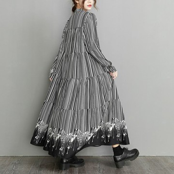 【巴黎精品】洋裝長袖連身裙-復古撞色條紋印花女裙子a1cr8