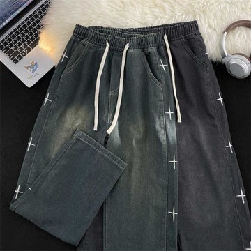 十字架刺繡牛仔褲男復古潮牌水洗做舊寬松直筒褲子高街長褲子男款