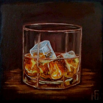 冰威士忌繪畫，一杯波旁威士忌原創牆壁藝術，廚房裝飾。手工油畫