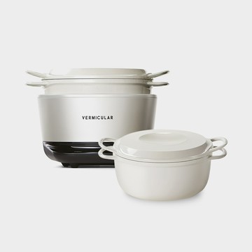 Vermicular MINI IH 琺瑯電子鑄鐵鍋 (海鹽白)+琺瑯鑄鐵鍋19CM(白)