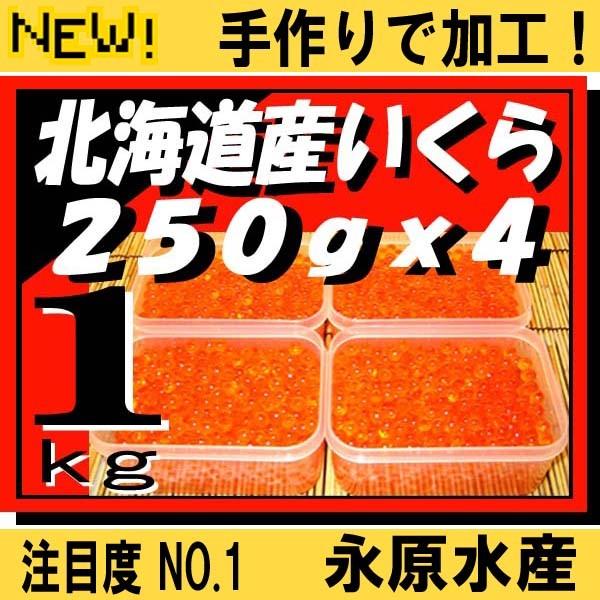 新物!(2023年秋鮭)天然秋鮭大粒イクラ　北海道十勝産秋鮭いくら醤油漬1kg(250gx4)　『手作りで加工』　永原水産