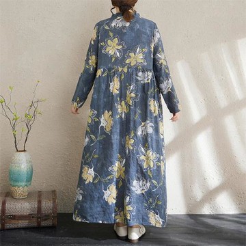 任-【10衣綾】復古棉麻印花寬鬆連身裙洋裝(百搭/透氣/舒適/L-2XL/KDDY-6951)