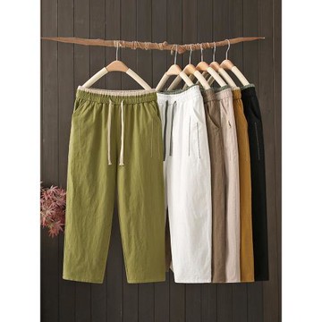 2025夏季新款棉麻九分褲女高腰薄款直筒褲寬松透氣中年媽媽休閑褲