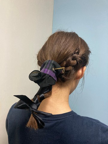 JK 紫色 紅色 格仔 雙面 頭飾 髮繩 髮簪 三件套