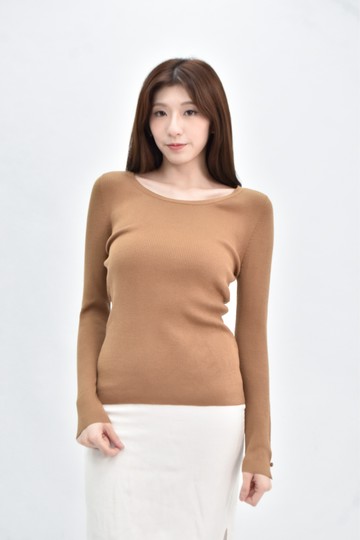 (S) giordano ladies 圓領棕色長袖上衣