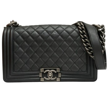 CHANEL 香奈兒 黑色 羊皮 Boy25 鍊帶 肩背包 【二手名牌BRAND OFF】