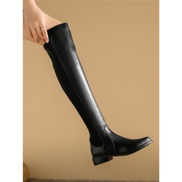 法式真皮過膝長靴女拼接低跟百搭騎士靴2024秋冬季新款彈力瘦瘦靴