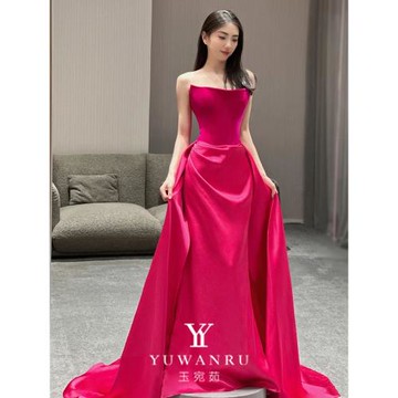 敬酒服新娘2025新款輕婚紗出門紗抹胸玫紅色結婚禮服裙女火龍果色
