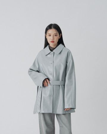 質感光澤皮革大衣外套附綁帶 - 灰藍