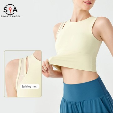 【Sportsangel】(固定襯墊)運動文胸 性感網眼寬下擺高支撐文胸 健身房舞蹈瑜珈背心