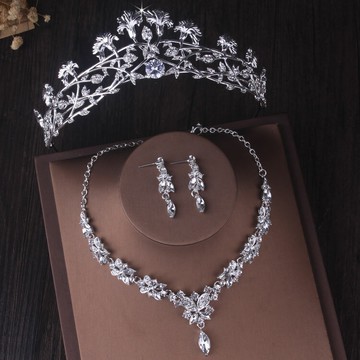 原創高端熱賣新娘套鏈結婚飾品鋯石水鉆皇冠項鏈耳環三件套韓式女