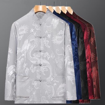 春季中老年長袖唐裝男中式休閑襯衫爸爸裝中國風冰絲大碼爺爺上衣
