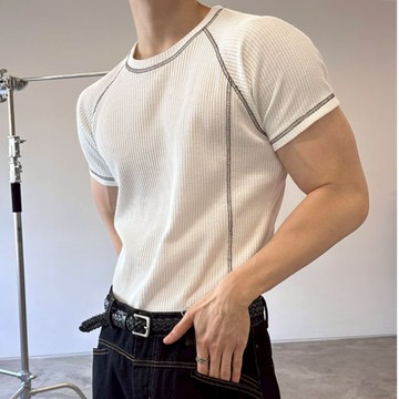 正韓車線肌肉款華夫格針織短袖上衣 3色 YUPPIE 預購商品 0512