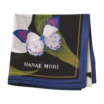 Hanae Mori 日本製100%棉黑底百合蝴蝶圖騰字母LOGO帕巾(44CM)