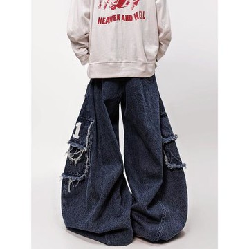 UUCSCC嘻哈潮牌工裝長褲闊腿牛仔褲美式復古寬松直筒拖地彎刀褲