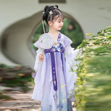 超仙兒童襦裙女童古裝漢服古風唐裝連衣裙女孩短袖紫色演出服秋季