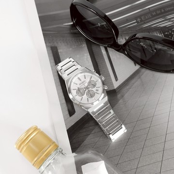 SEIKO 精工 / SSB451P1 / 三眼計時 橫條紋 藍寶石水晶玻璃 防水100米 不鏽鋼手錶 白色 40mm