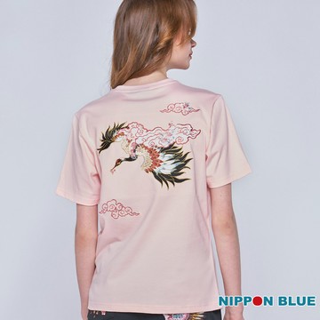 【結帳2件再88折】金標鶴舞東方繡花短TEE - BLUE WAY 日本藍